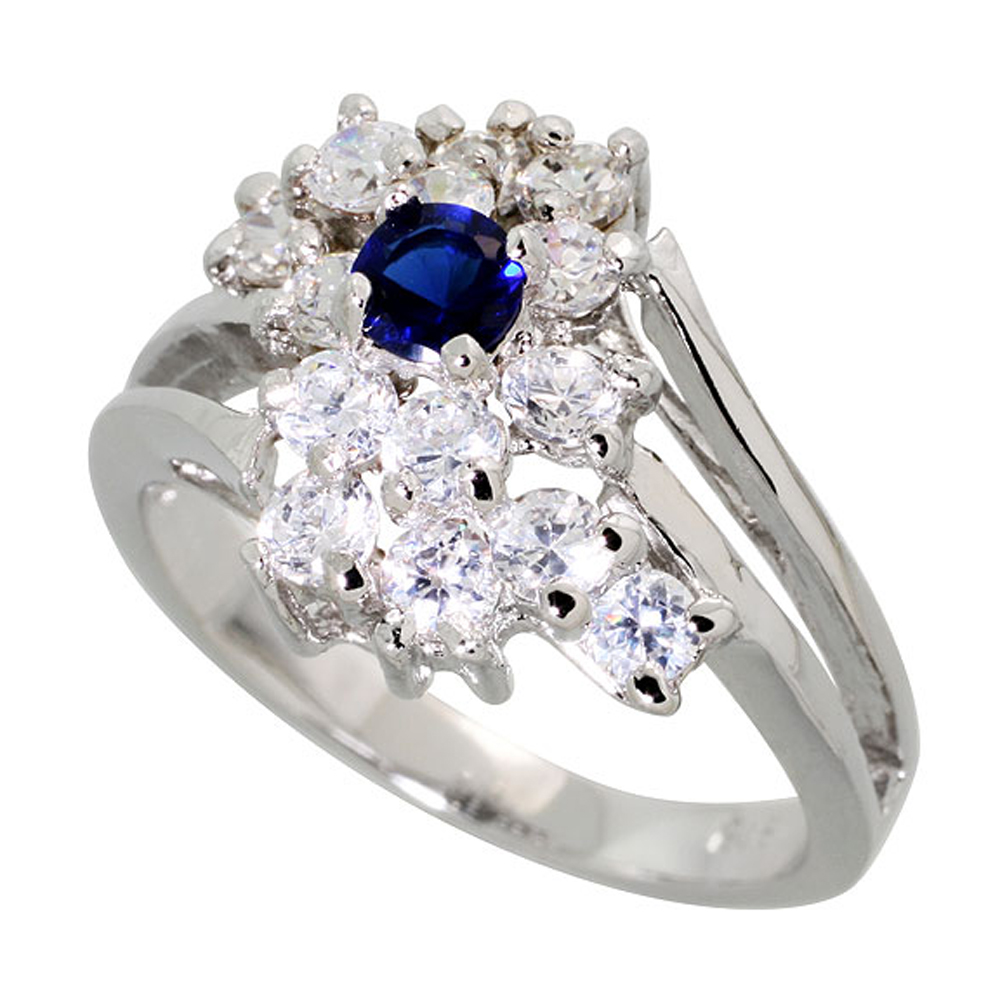 Sterling Silver Blue Sapphire Cubic Zirconia Cocktail Ring Rhodium finish, sizes 5 - 9