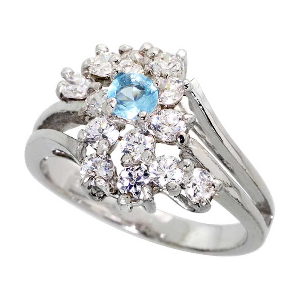 Sterling Silver Blue Topaz Cubic Zirconia Cocktail Ring Rhodium finish, sizes 5 - 9