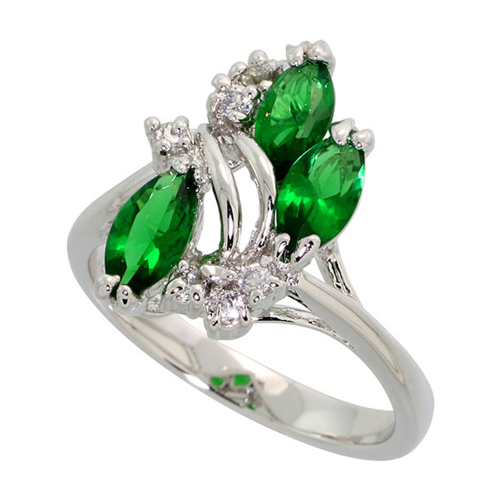 Sterling Silver Emerald Cubic Zirconia 3-Stone Ring Navette Shape Rhodium finish, sizes 5 - 9
