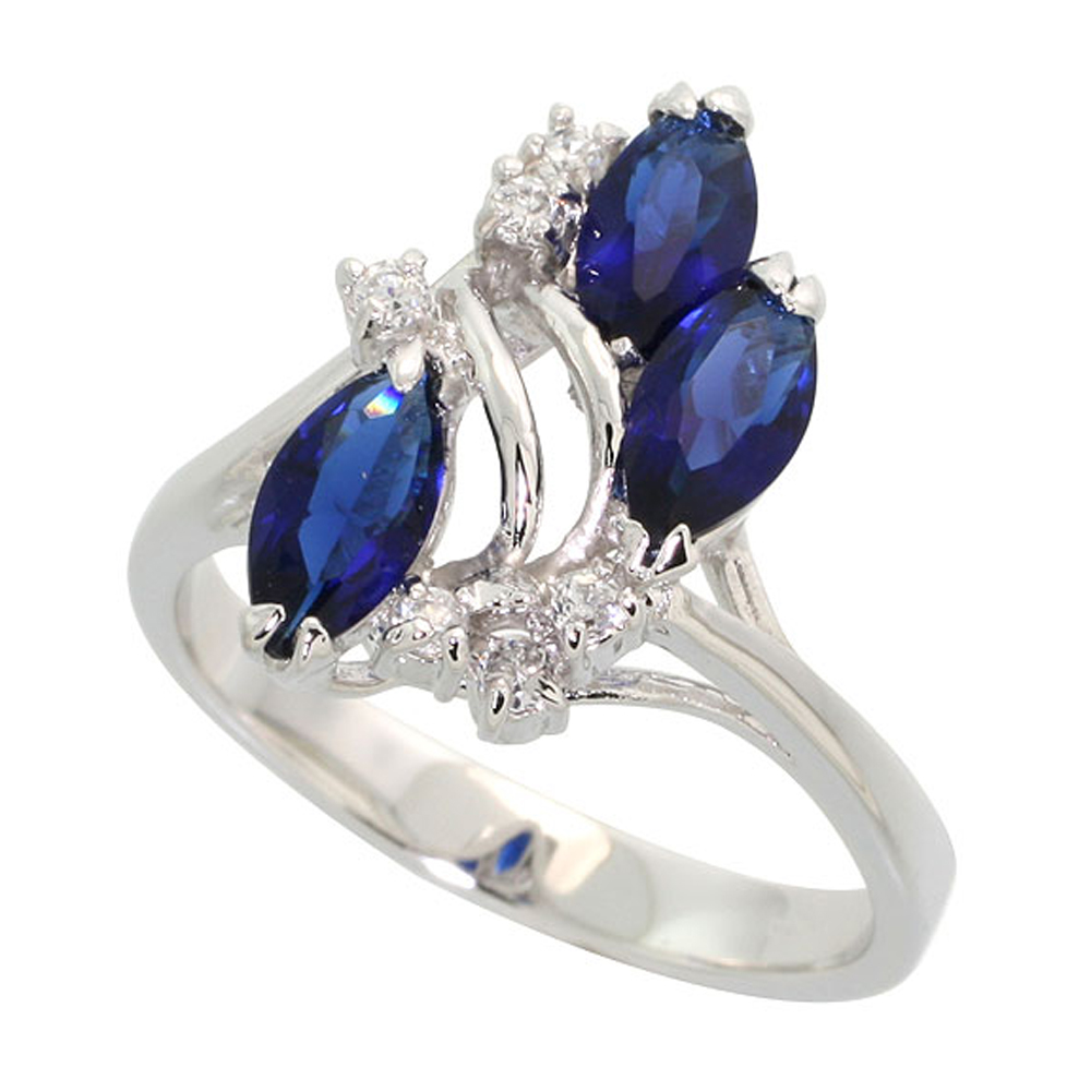 Sterling Silver Blue Sapphire Cubic Zirconia 3-Stone Ring Navette Shape Rhodium finish, sizes 5 - 9