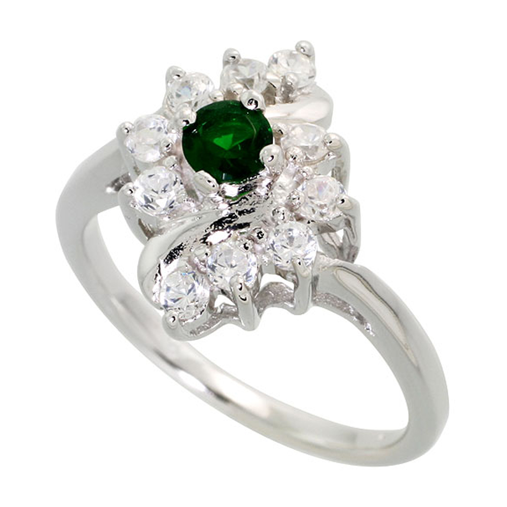 Sterling Silver Emerald Cubic Zirconia Ring Diamond Shape Rhodium finish, sizes 5 - 9