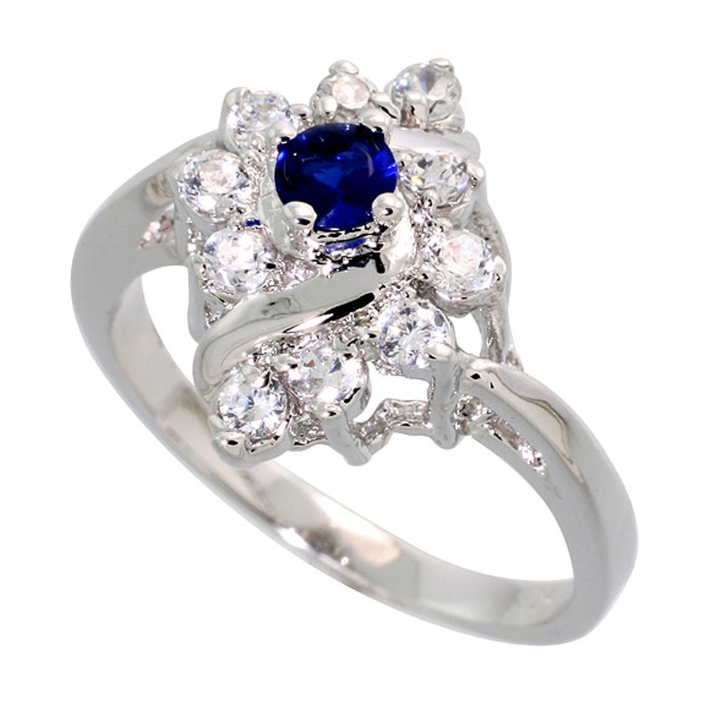 Sterling Silver Blue Sapphire Cubic Zirconia Ring Diamond Shape Rhodium finish, sizes 5 - 9