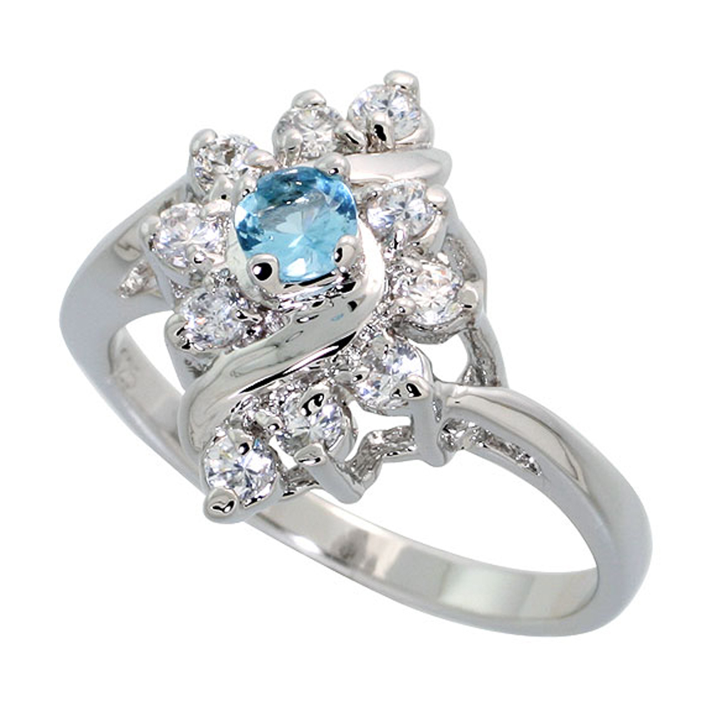 Sterling Silver Blue Topaz Cubic Zirconia Ring Diamond Shape Rhodium finish, sizes 5 - 9