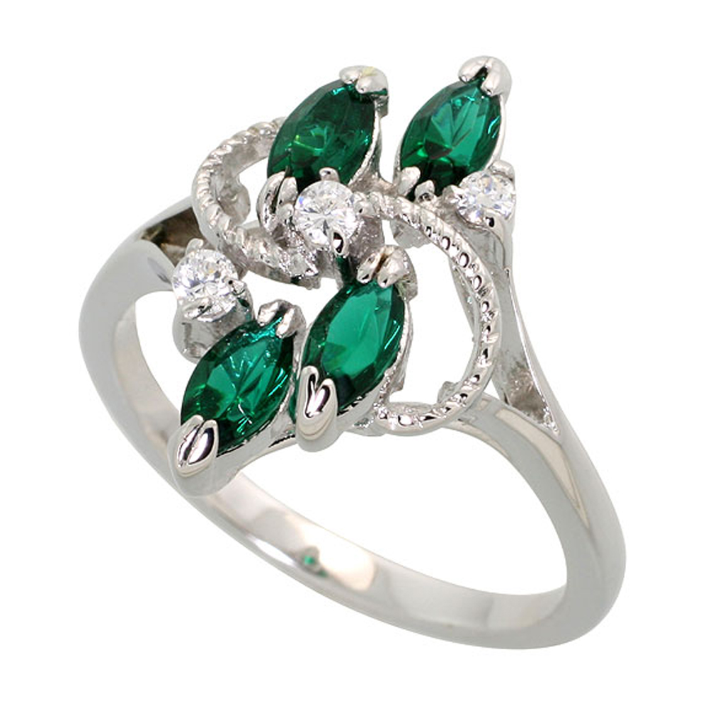Sterling Silver Emerald Cubic Zirconia 4-Stone Ring Navette Shape Rhodium finish, sizes 5 - 9