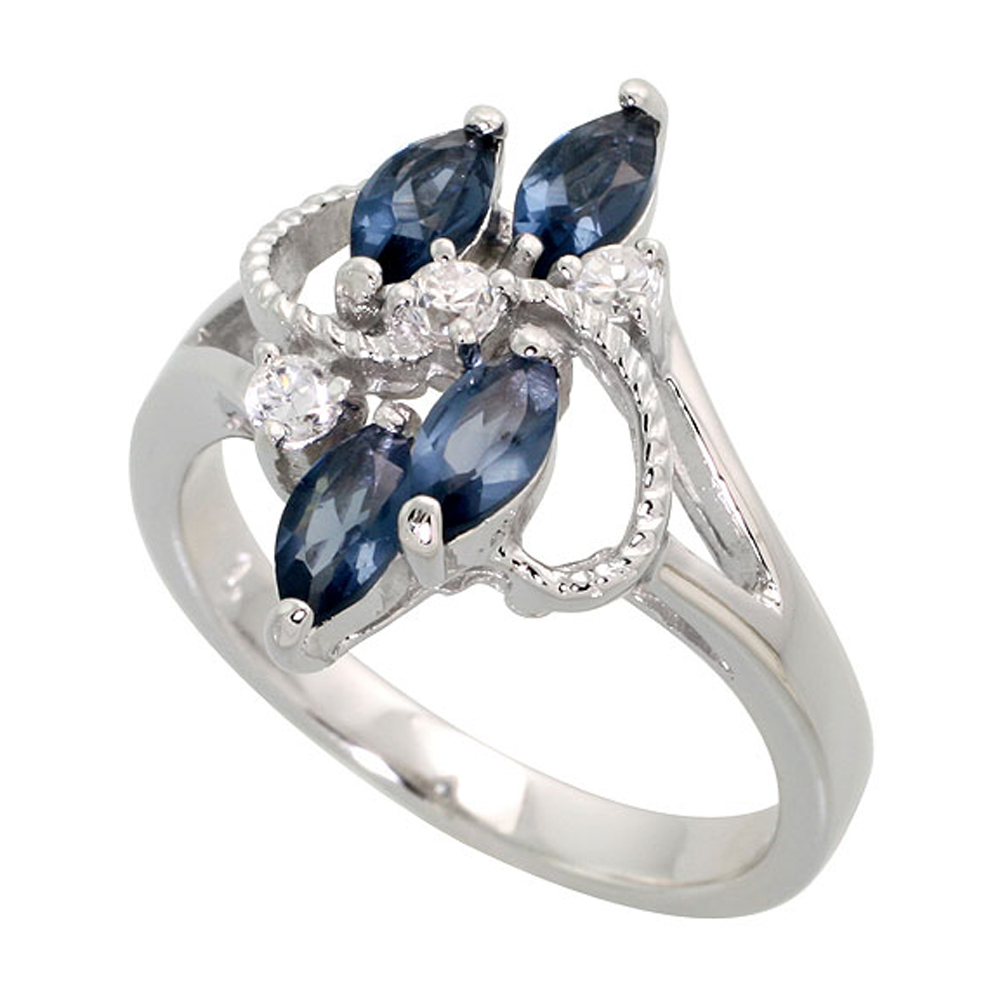 Sterling Silver Blue Sapphire Cubic Zirconia 4-Stone Ring Navette Shape Rhodium finish, sizes 5 - 9