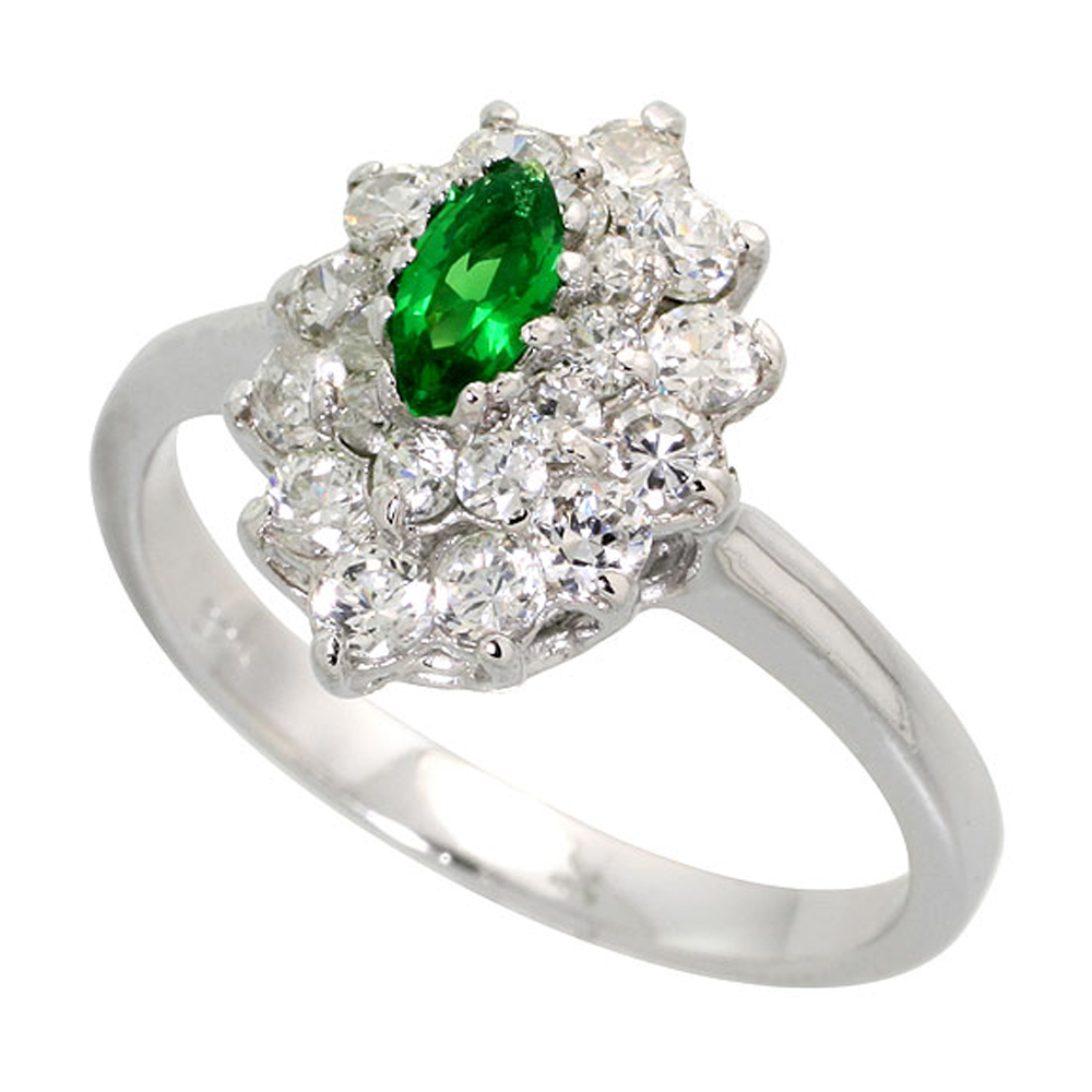 Sterling Silver Emerald Cubic Zirconia Ring Navette Shape Rhodium finish, sizes 5 - 9