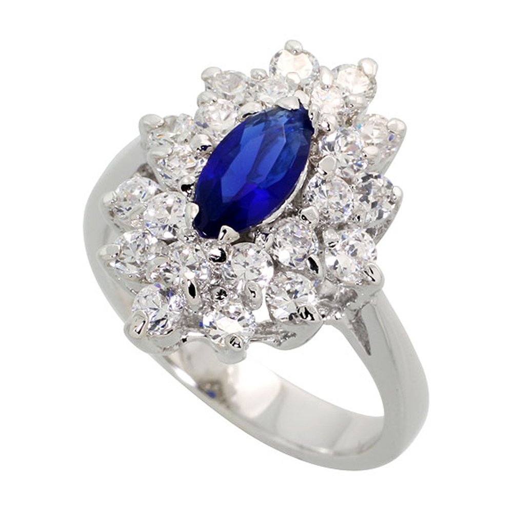 Sterling Silver Blue Sapphire Cubic Zirconia Ring Navette Shape Rhodium finish, sizes 5 - 9