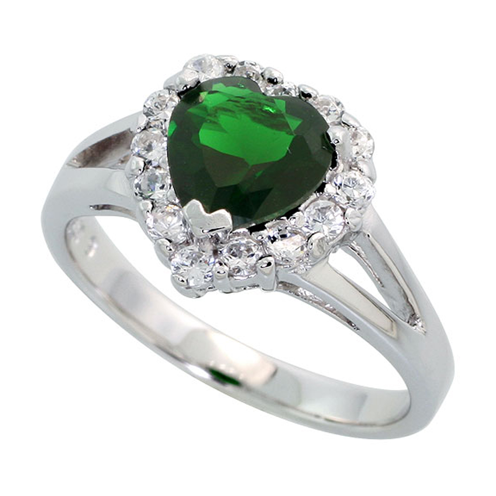 Sterling Silver Emerald Cubic Zirconia Ring Heart Shape Rhodium finish, sizes 5 - 9
