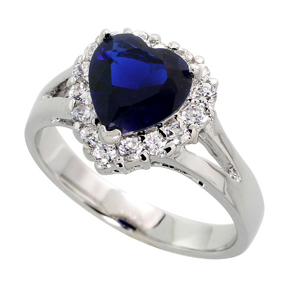 Sterling Silver Blue Sapphire Cubic Zirconia Ring Heart Shape Rhodium finish, sizes 5 - 9