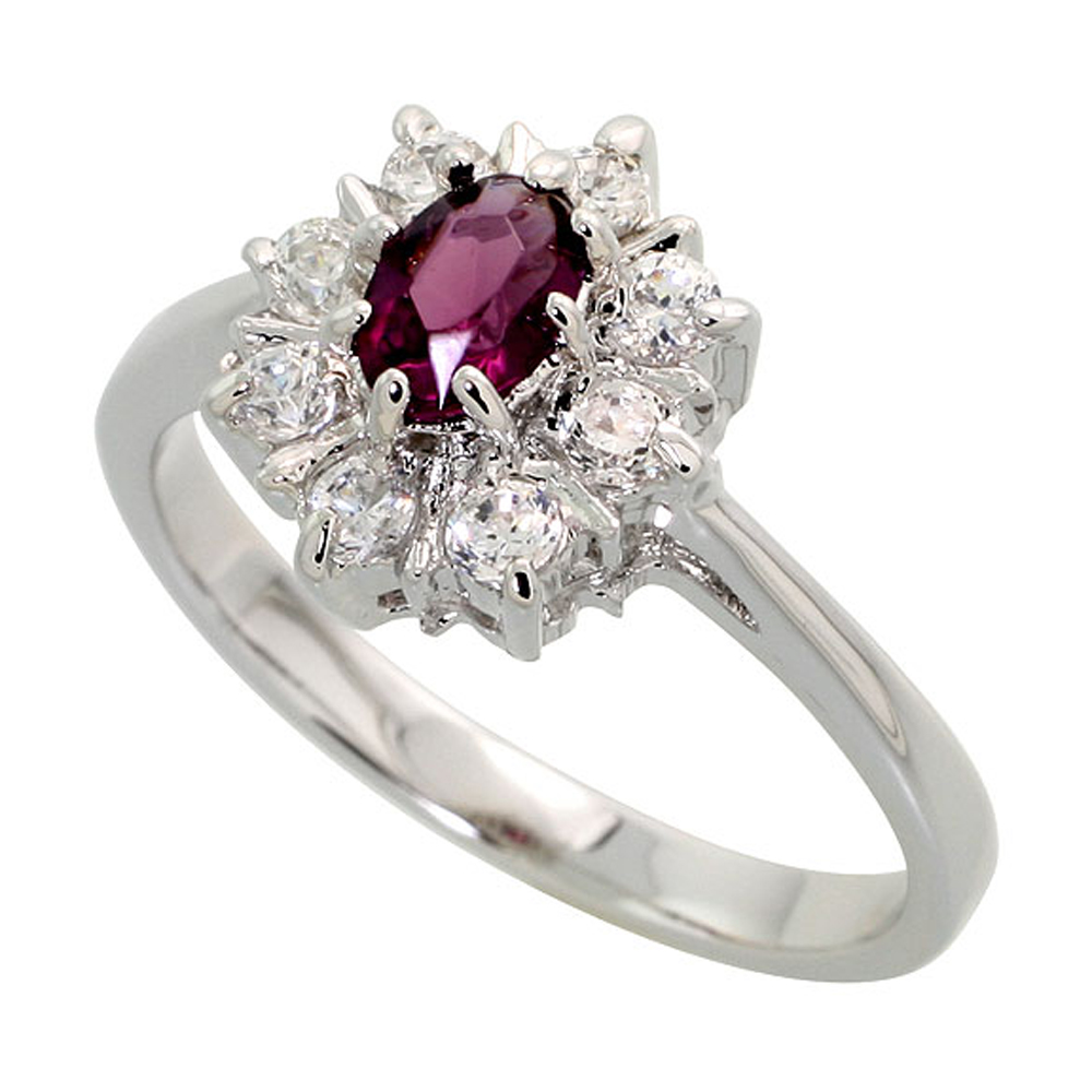 Sterling Silver Amethyst Cubic Zirconia Oval Shape Ring Rhodium finish, sizes 5 - 9