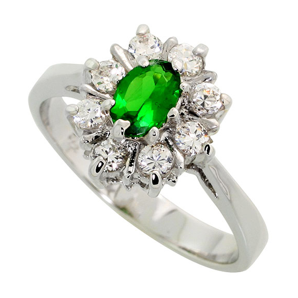 Sterling Silver Emerald Cubic Zirconia Oval Shape Ring Rhodium finish, sizes 5 - 9