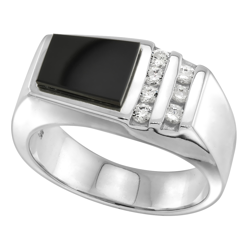 Sterling Silver Mens Black Onyx Ring Trapezoid CZ Accent 3/8 inch wide sizes 8 - 13