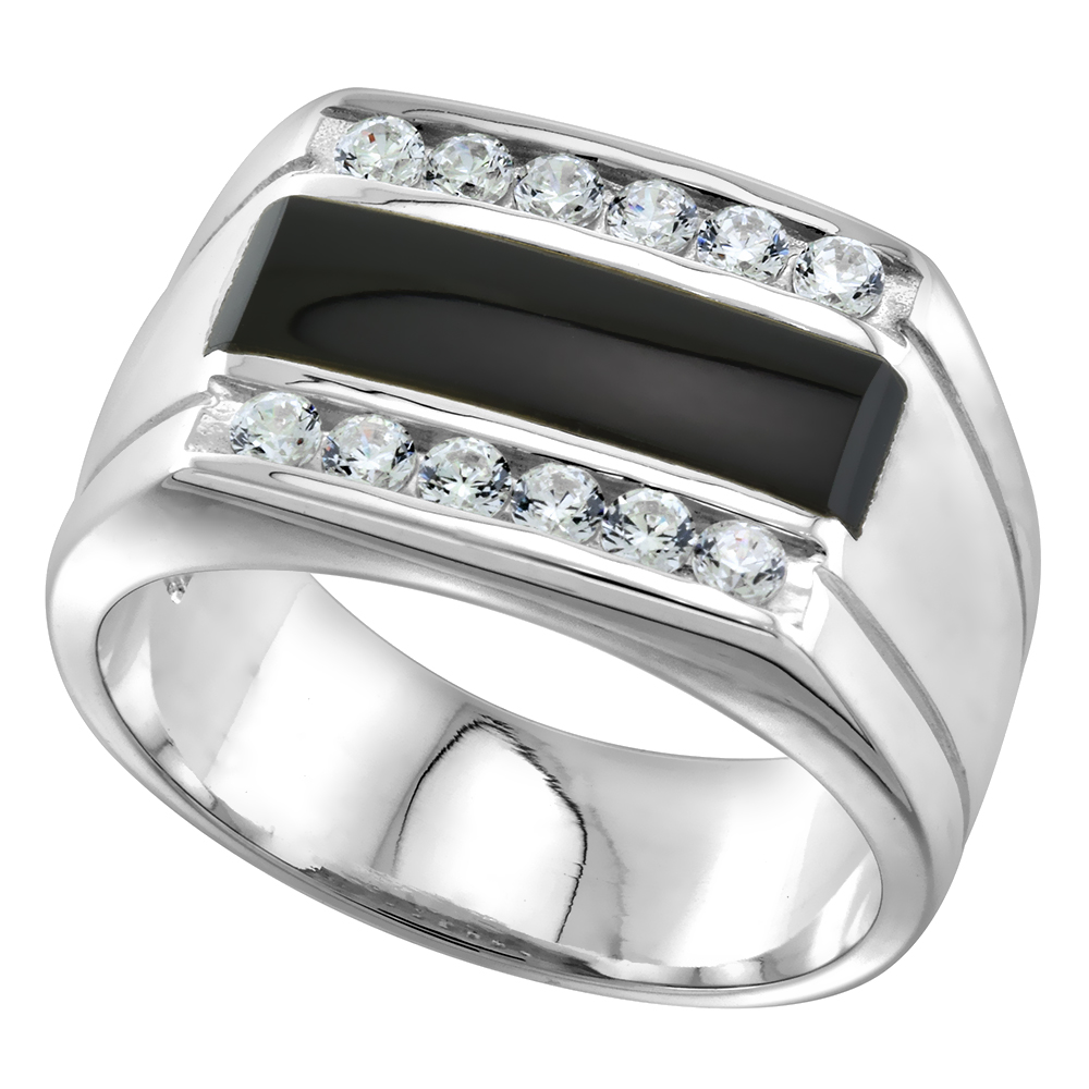 Sterling Silver Mens Rectangular Black Onyx Ring 2 Grooves CZ Accent 1/2 inch wide sizes 8 - 13