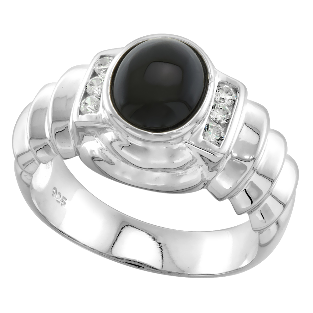 Sterling Silver Mens Black Onyx Ring Oval CZ Accent 9/16 inch wide sizes 8 - 13