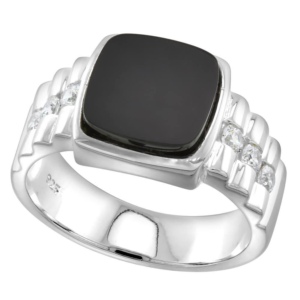 Sterling Silver Mens Black Onyx Ring Square CZ Accent 1/2 inch wide sizes 8 - 13