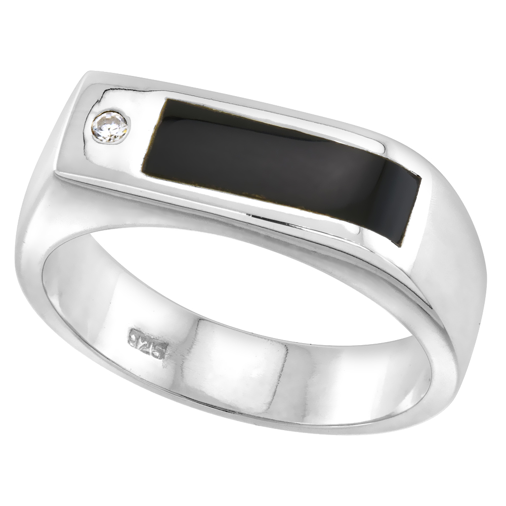 Sterling Silver Mens Black Onyx Ring Rectangular CZ Accent 5/16 inch wide sizes 8 - 13