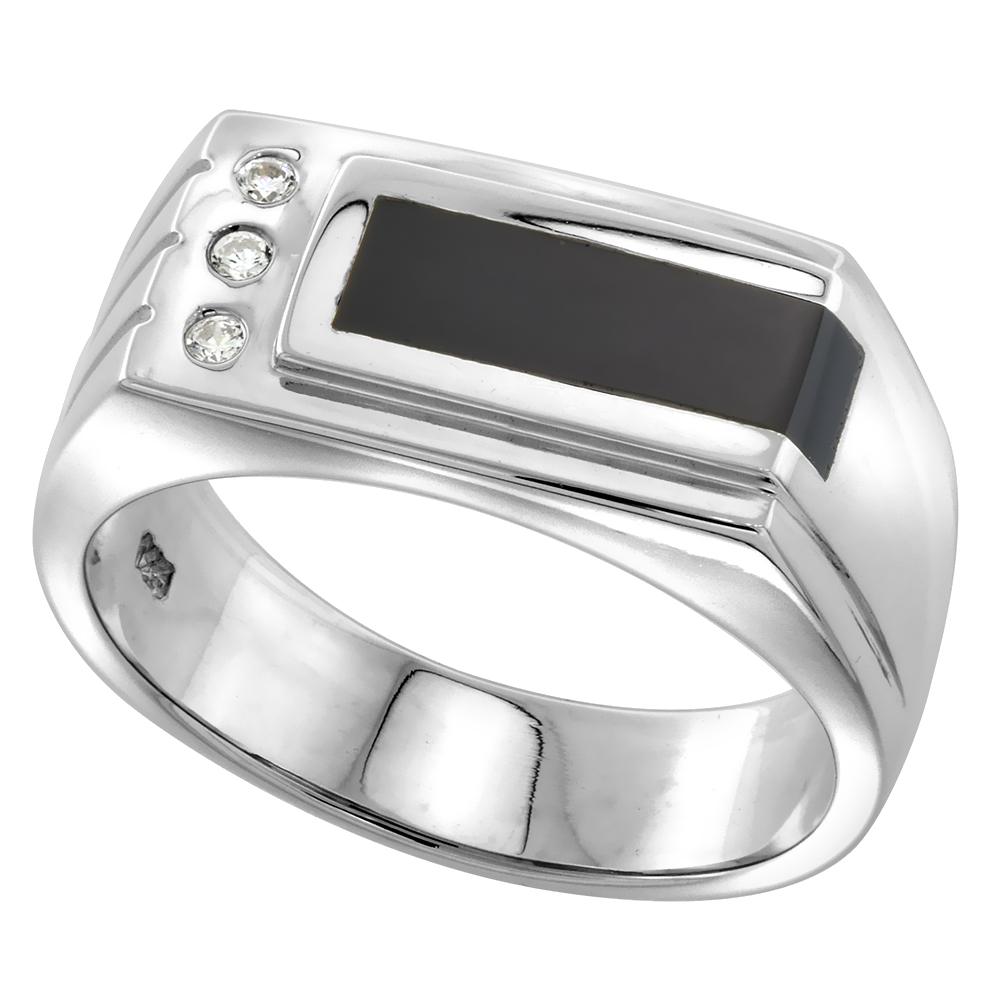 Sterling Silver Mens Black Onyx Ring Rectangular CZ Accent 3/8 inch wide sizes 8 - 13