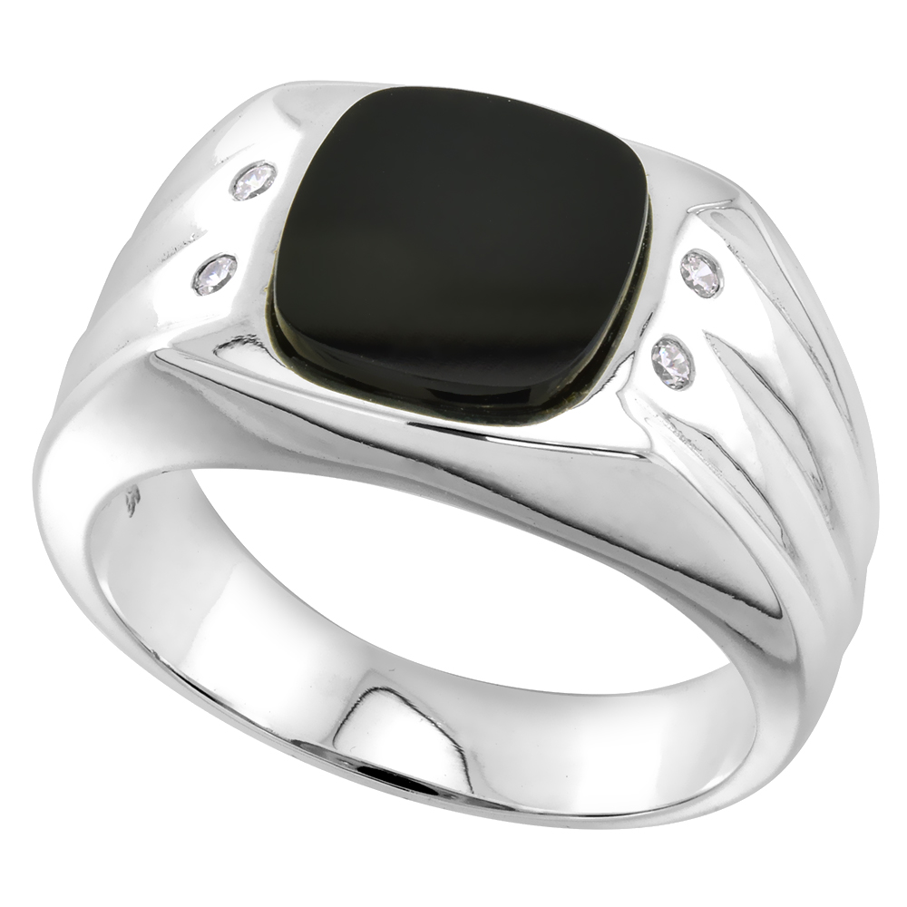 Sterling Silver Mens Oval Black Onyx Ring 3 Grooves CZ Accent 1/2 inch wide sizes 8 - 13