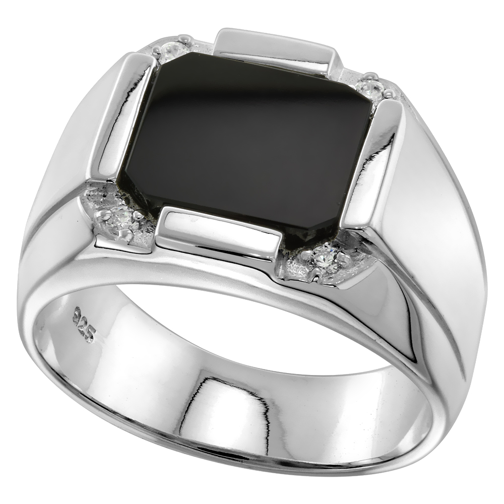 Sterling Silver Mens Octagon Black Onyx Ring 2 Grooves CZ Accent 1/2 inch wide sizes 8 - 13