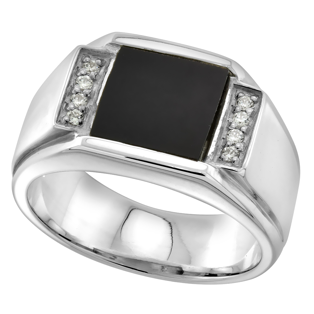 Sterling Silver Mens Square Black Onyx Ring Grooved Edges CZ Accent 1/2 inch wide sizes 8 - 13