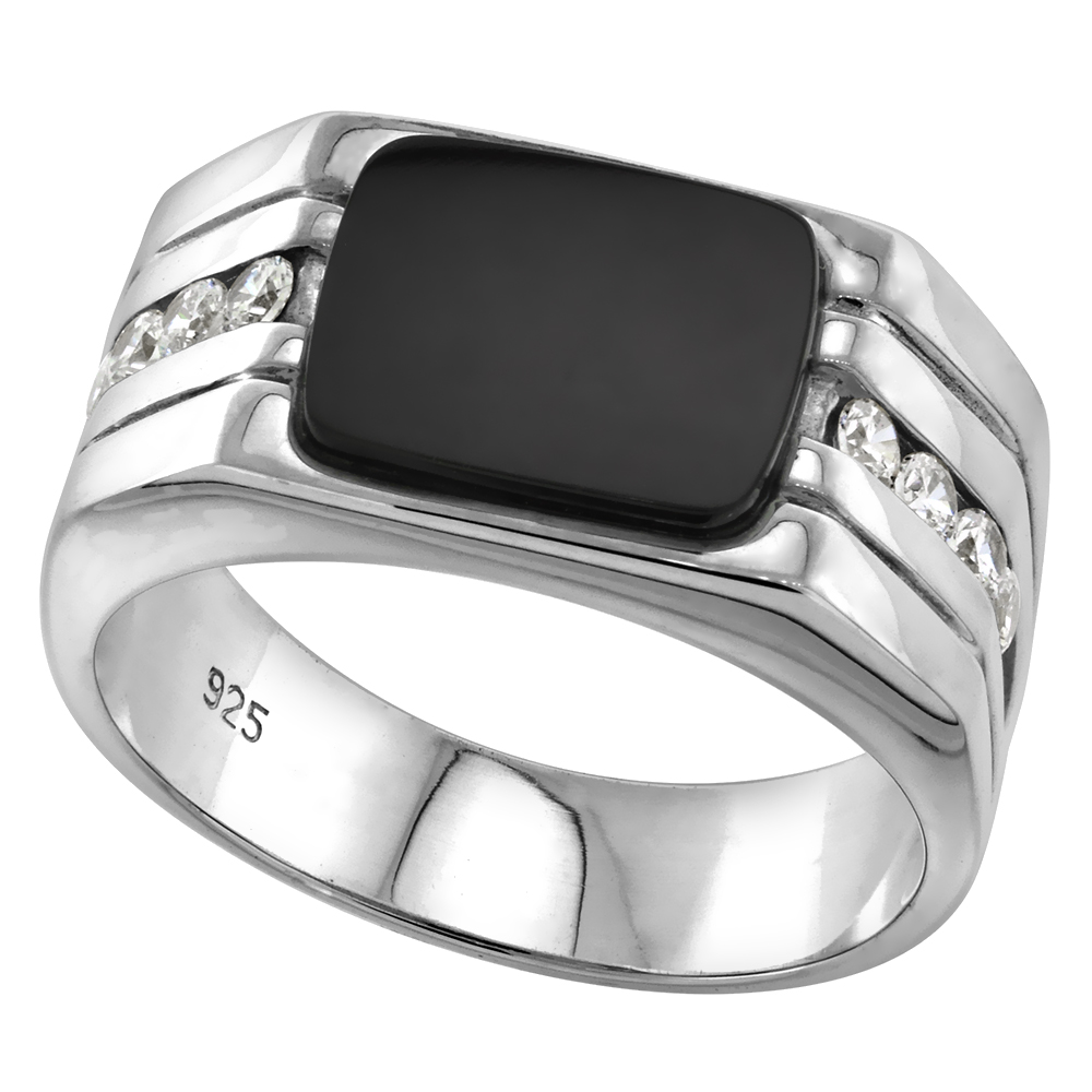 Sterling Silver Mens Rectangular Black Onyx Ring 2 Grooves CZ Accent 7/16 inch wide sizes 8 - 13