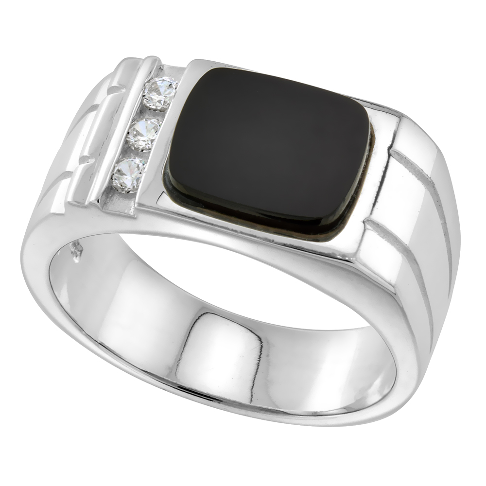 Sterling Silver Mens Rectangular Black Onyx Ring 2 Grooves CZ Accent 3/8 inch wide sizes 8 - 13