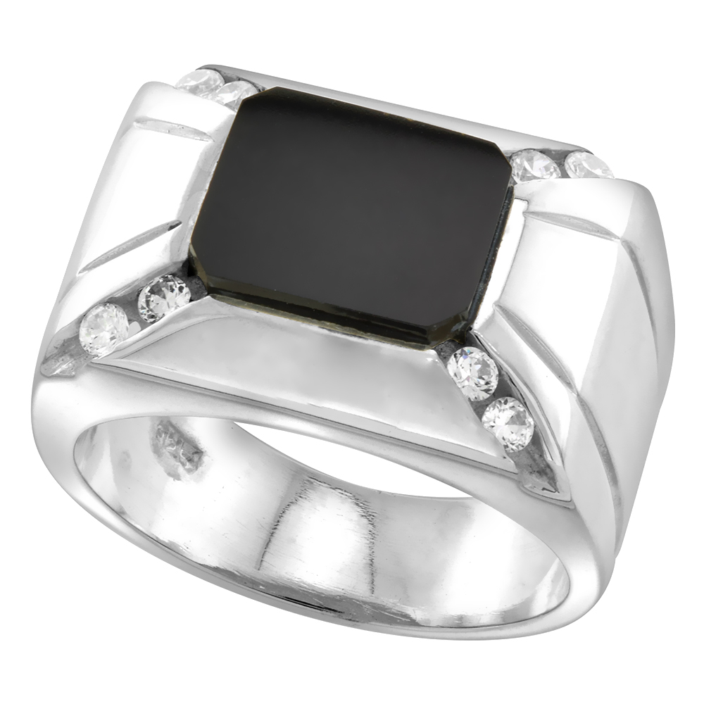 Sterling Silver Mens Rectangular Black Onyx Ring 2 Grooves CZ Accent 9/16 inch wide sizes 8 - 13