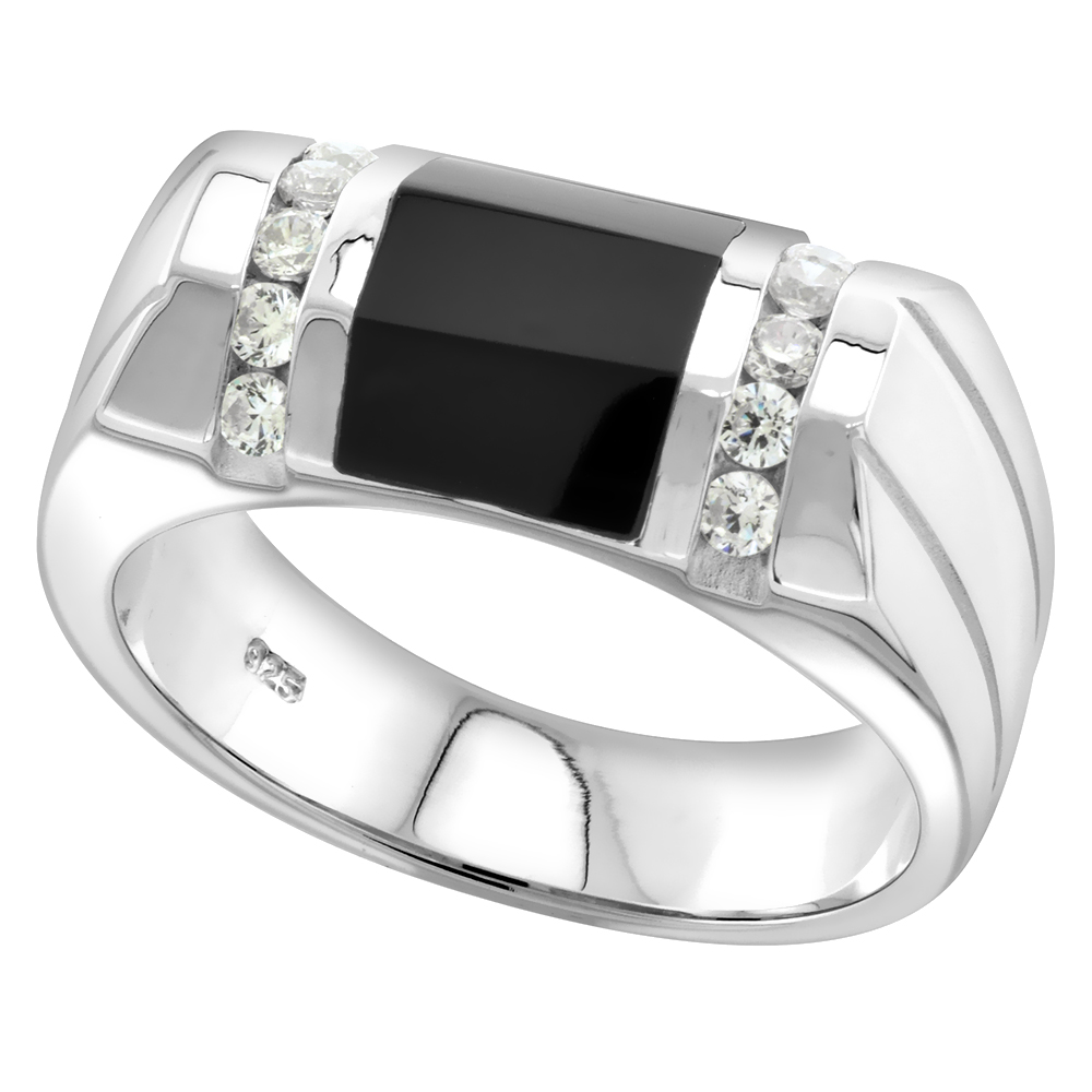 Sterling Silver Mens Rectangular Black Onyx Ring Beveled 2 Grooves CZ Accent 3/8 inch wide sizes 8 - 13