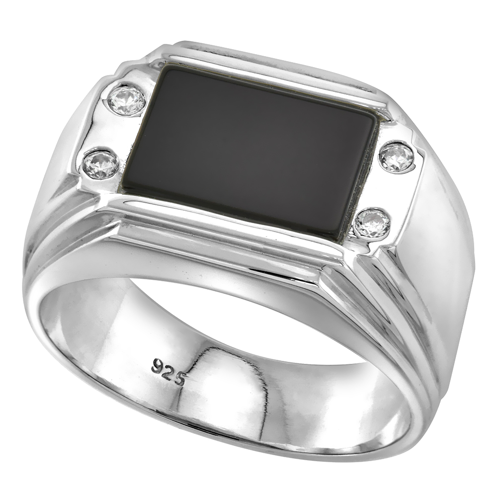 Sterling Silver Mens Rectangular Black Onyx Ring Double-Groove CZ Accent 1/2 inch wide sizes 8 - 13