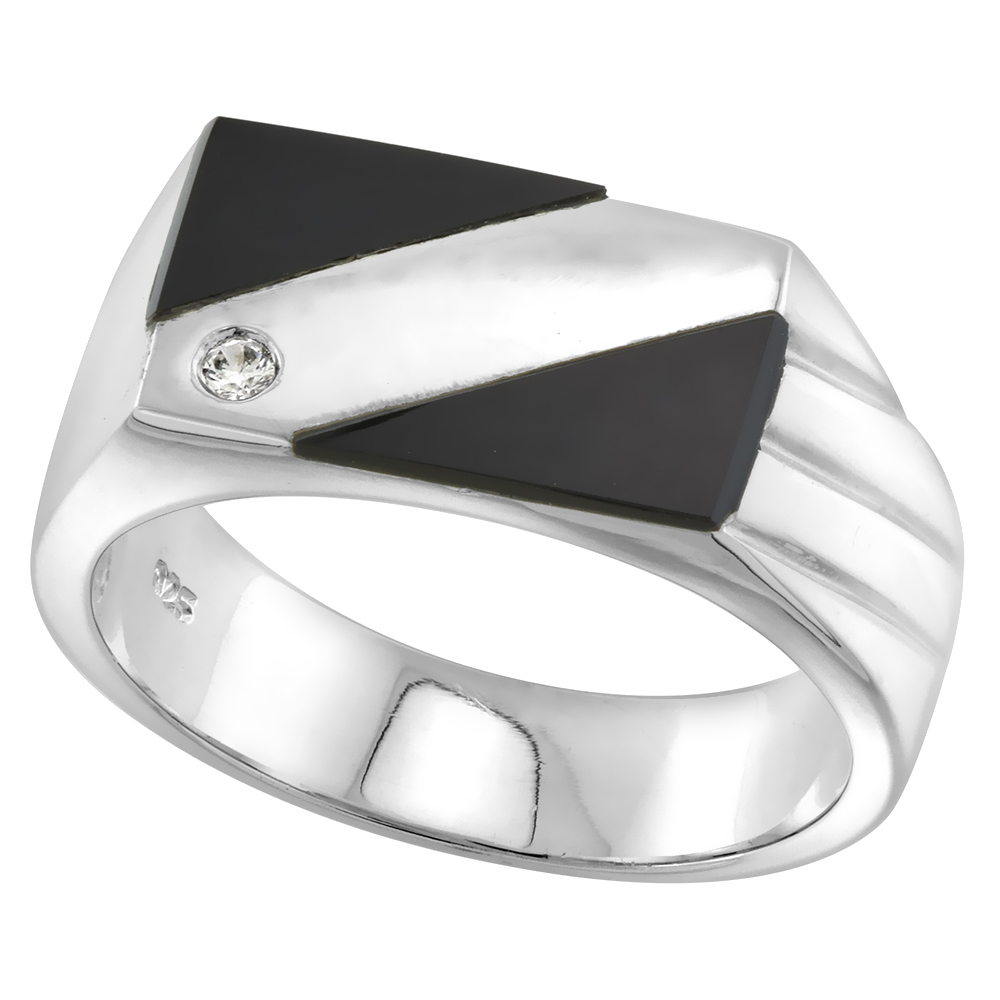 Sterling Silver Mens Double Triangle Black Onyx Ring 3 Grooves CZ Accent 3/8 inch wide sizes 8 - 13