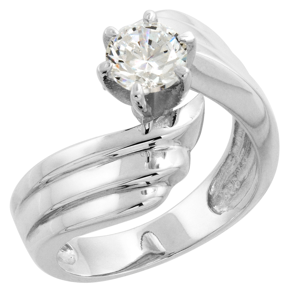 Sterling Silver 6mm Solitaire CZ Bypass Ring Women 1 ct Center Flawless finish 3/4 inch wide, sizes 6-10