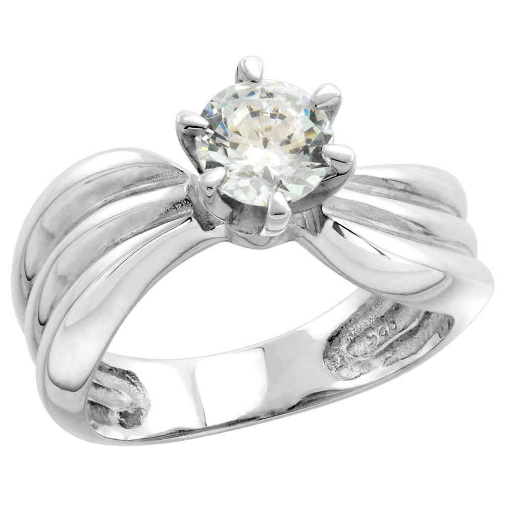 Sterling Silver 6mm Solitaire CZ Ring Women 3 Grooves 1 ct Center Flawless finish 5/16 inch, sizes 6-10