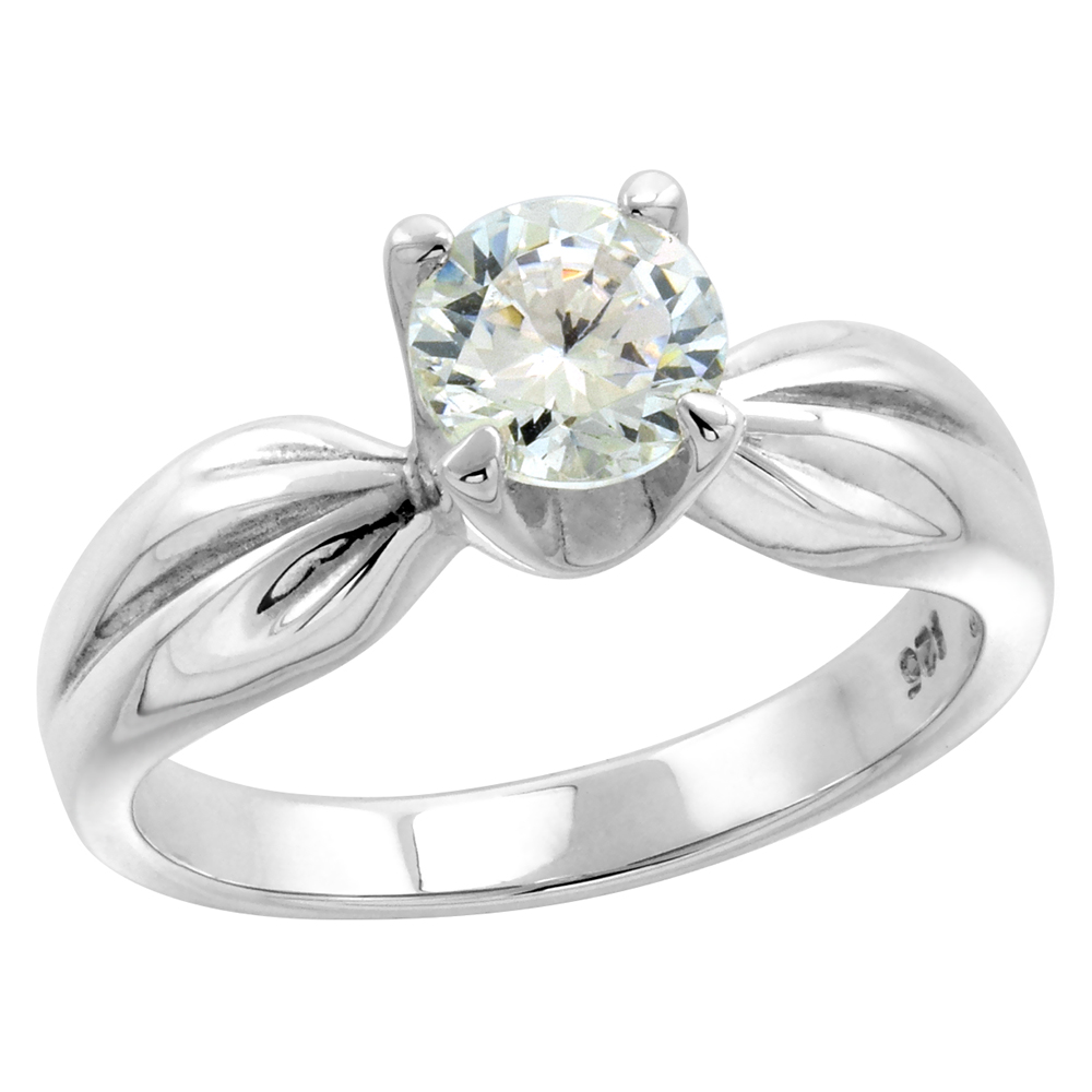 Sterling Silver 6mm Solitaire CZ Ring Women Crinkled 1 ct Center Flawless finish 5/16 inch, sizes 6-10