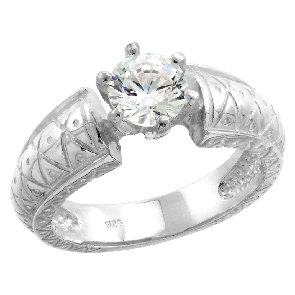 Sterling Silver 6mm Solitaire CZ Ring Women Vintage Tapered 1 ct Center 5/16 inch, sizes 6-10