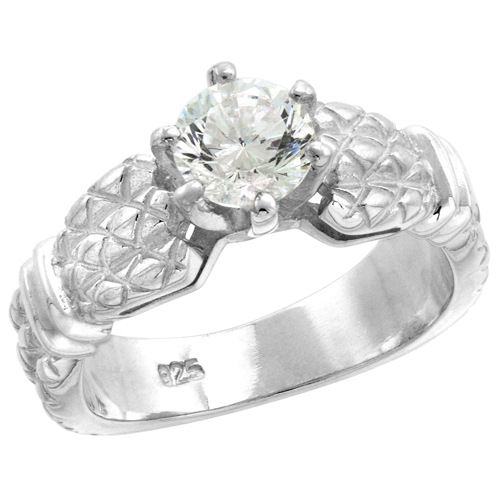 Sterling Silver 6mm Solitaire CZ Ring Women Vintage Ribbed Shank 1 ct Center 5/16 inch, sizes 6-10