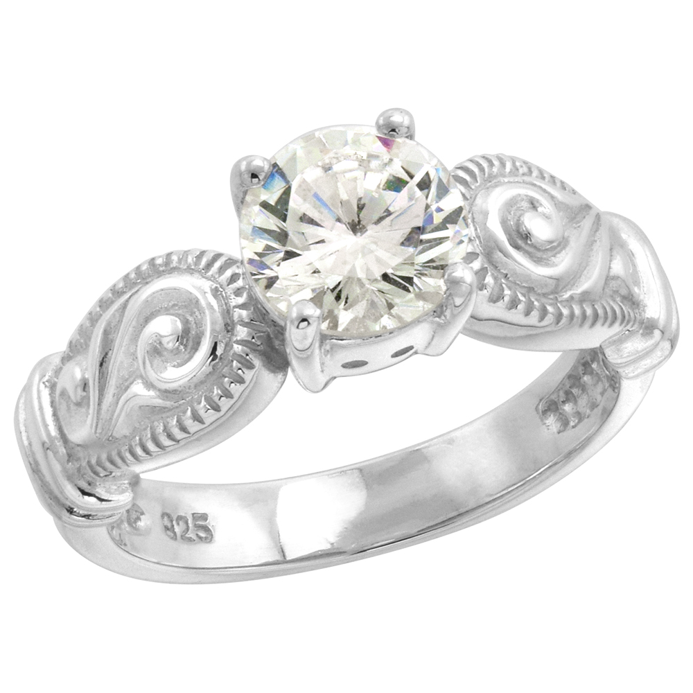 Sterling Silver Solitaire 7mm CZ Ring Women Vintage Scroll Shank 1.25 ct Center , sizes 6-10