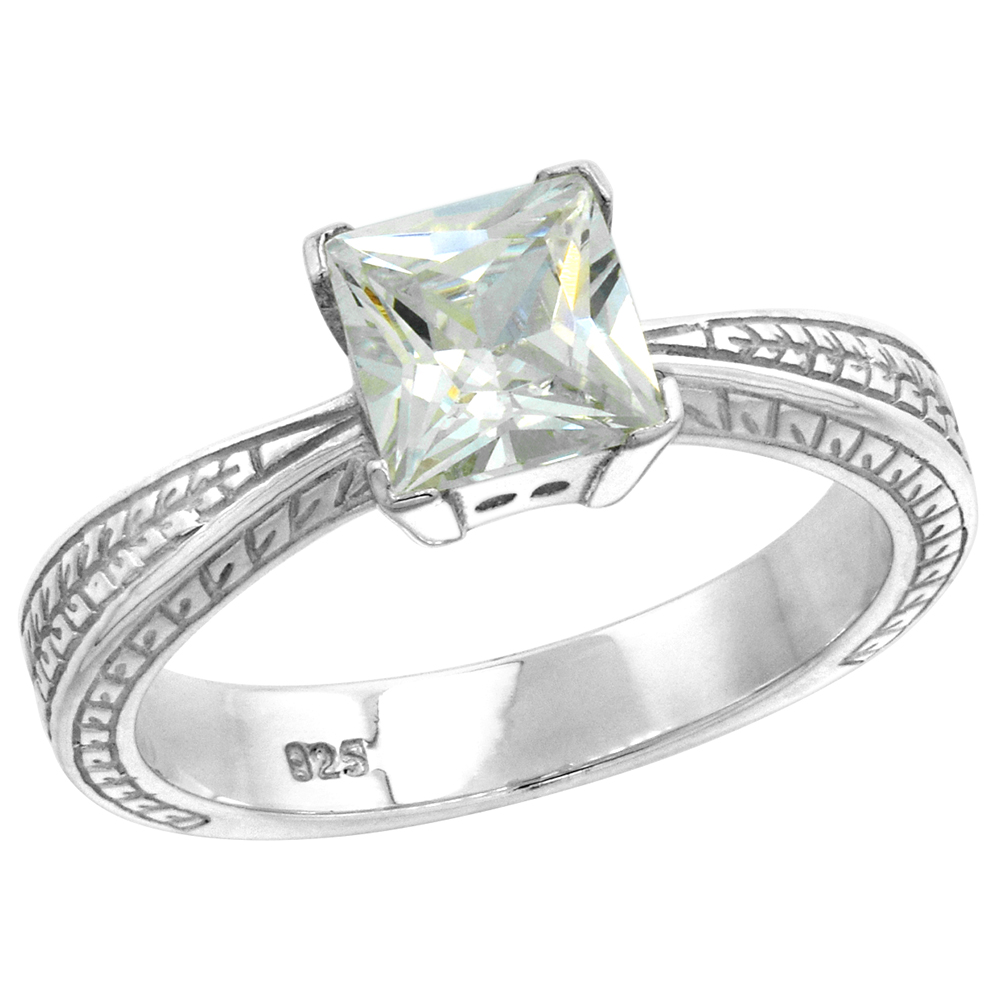 Sterling Silver 6mm Princess cut CZ Solitaire Ring Women Vintage Tapered Shank 1.25 ct Center sizes 6-10