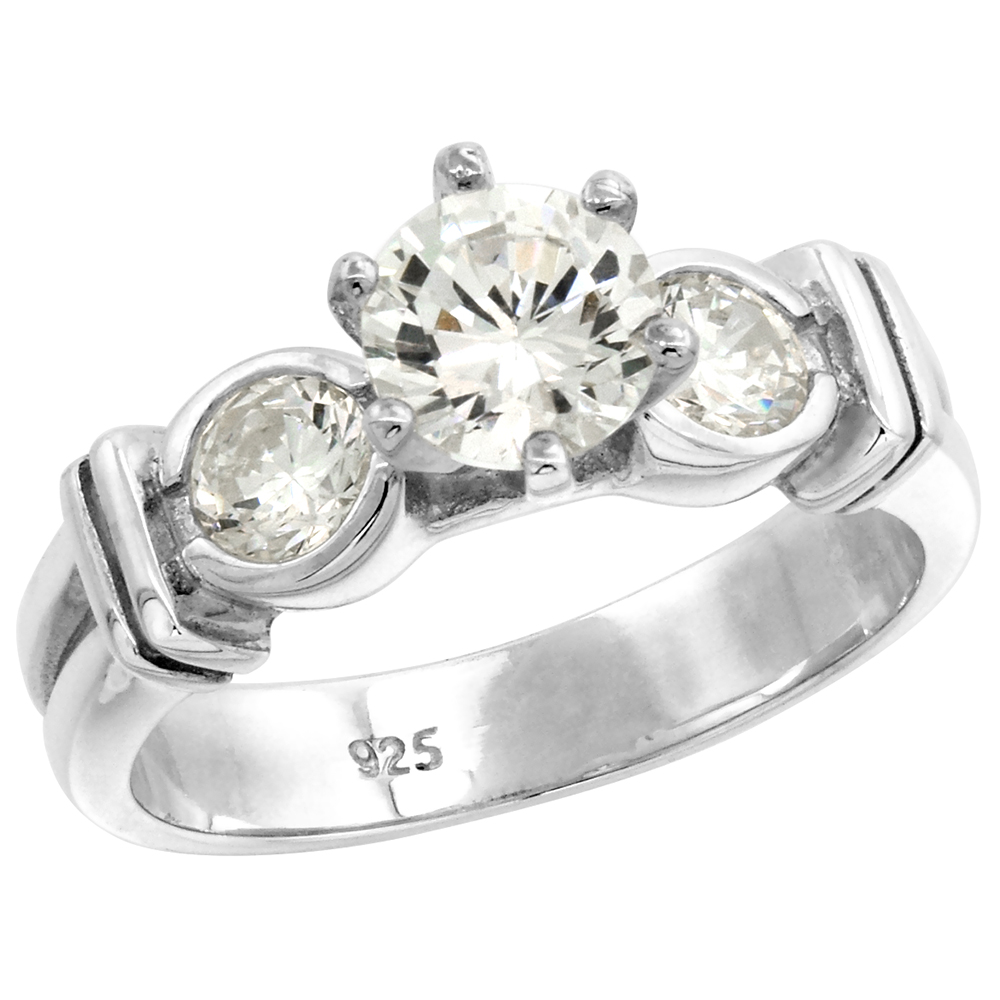 STERLING SILVER 6MM CZ 3-STONE ENGAGEMENT RING WOMEN 1 CT CENTER BEZEL SET SIDES DOUBLE SHANK SIZES 6-10