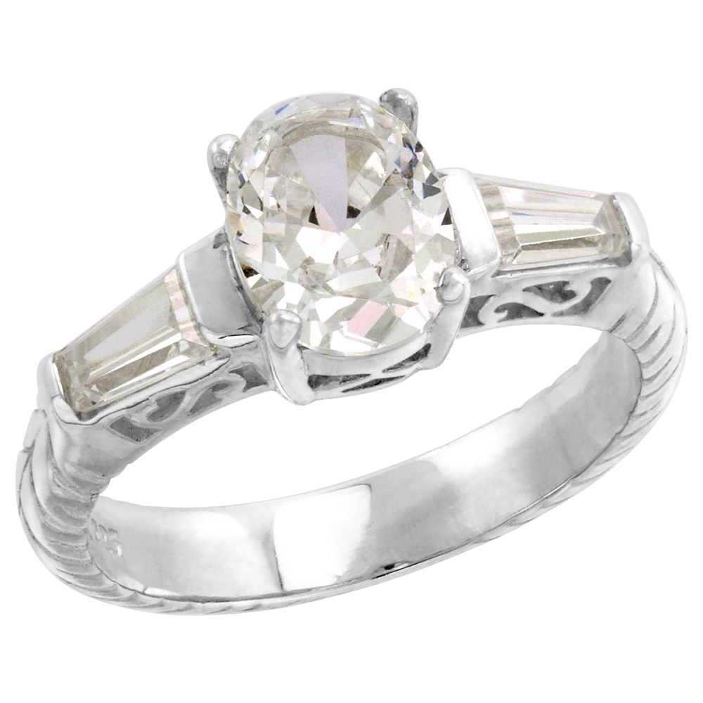 STERLING SILVER 8X6MM CZ TAPERED BAGUETTE 3-STONE OVAL CUT ENGAGEMENT RING WOMEN VINTAGE STYLE SIZES 6-10