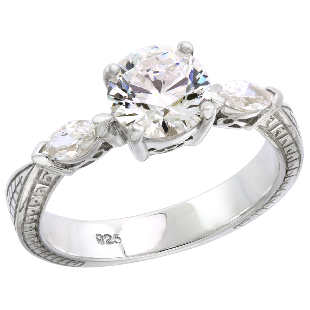 Sterling Silver 3-stone CZ Ring Women 1 ct Center Marquise cut Sides Vintage Style , sizes 6-10
