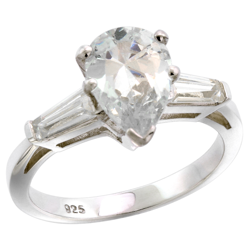 Sterling Silver CZ Tapered Baguette 3-Stone Teardrop Engagement Ring Women 1.5 ct. , sizes 6-10