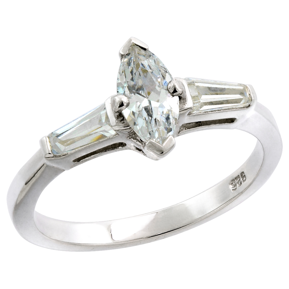 Sterling Silver CZ Tapered Baguette 3-Stone Marquise cut Engagement Ring for women 1/3 ct, sizes 6-10