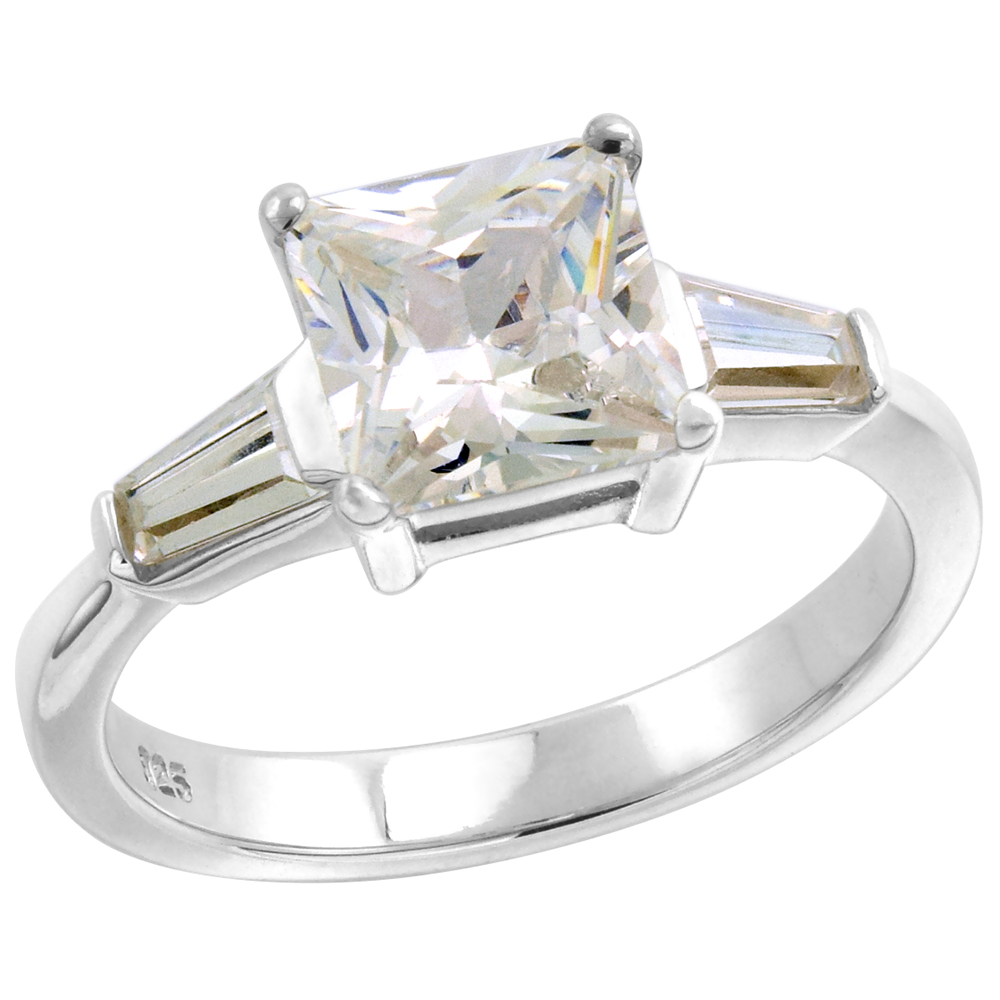 Sterling Silver CZ Tapered Baguette 3-Stone Princess cut Engagement Ring for Women 2 ct, sizes 6-10