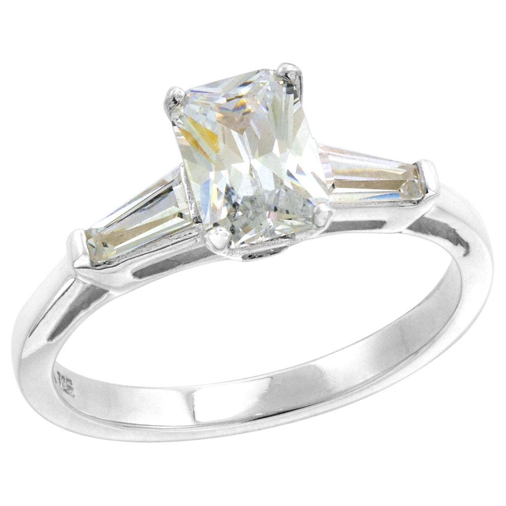 Sterling Silver CZ Tapered Baguette 3-Stone Radiant cut Engagement Ring for Women 1 ct, sizes 6-10