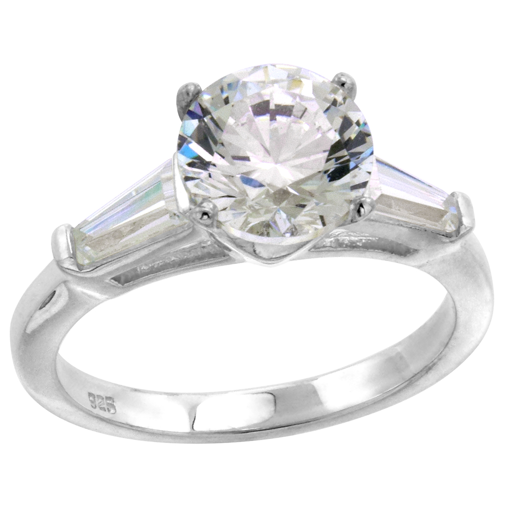 Sterling Silver CZ Tapered Baguette 3-Stone 8mm Brilliant cut Engagement Ring Women 1.9 ct, sizes 6-10