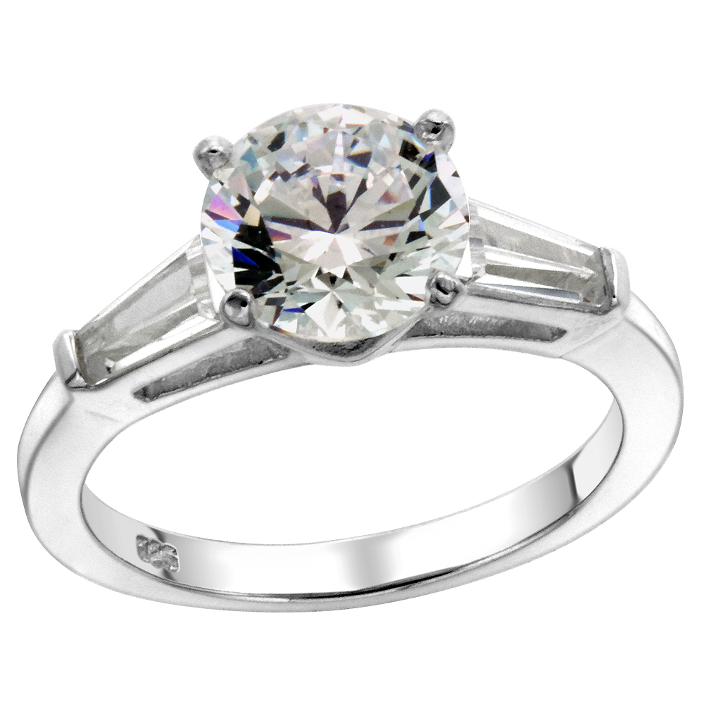 Sterling Silver CZ Tapered Baguette 3-Stone 8mm Brilliant cut Engagement Ring Women 1.9 ct sizes 6-10