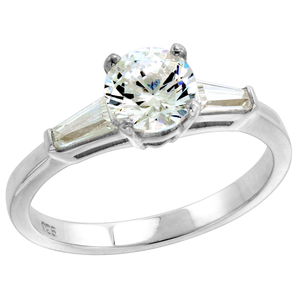 Sterling Silver CZ Tapered Baguette 3-Stone 6mm Brilliant cut Engagement Ring Women 1 ct, sizes 6-10