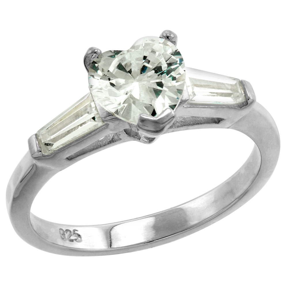 Sterling Silver CZ Tapered Baguette 3-Stone 7mm Heart cut Engagement Ring for Women 3/4 ct sizes 6-10
