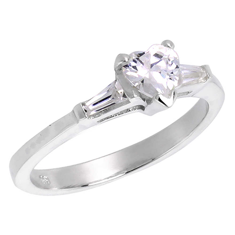 Sterling Silver CZ Tapered Baguette 3-Stone 5mm Heart cut Engagement Ring for Women 1/2 ct, sizes 6-10