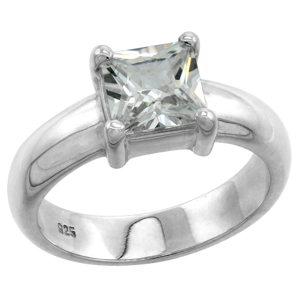 Sterling Silver CZ 7mm Princess Cut Solitaire Engagement Ring for Women Round Shank 2 ct sizes 6-10